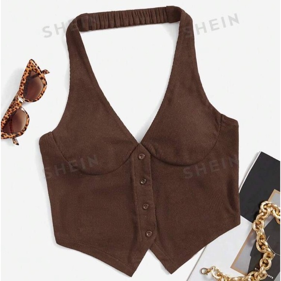 Brand new ribbed button up halter vest crop top~ - Picture 1 of 7